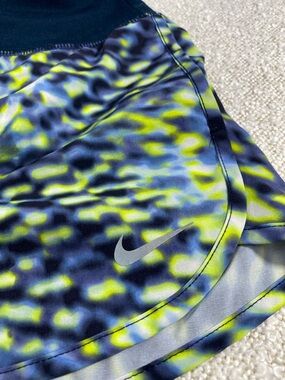 Nike Yellow and Navy Abstract Print Athletic Shorts medium